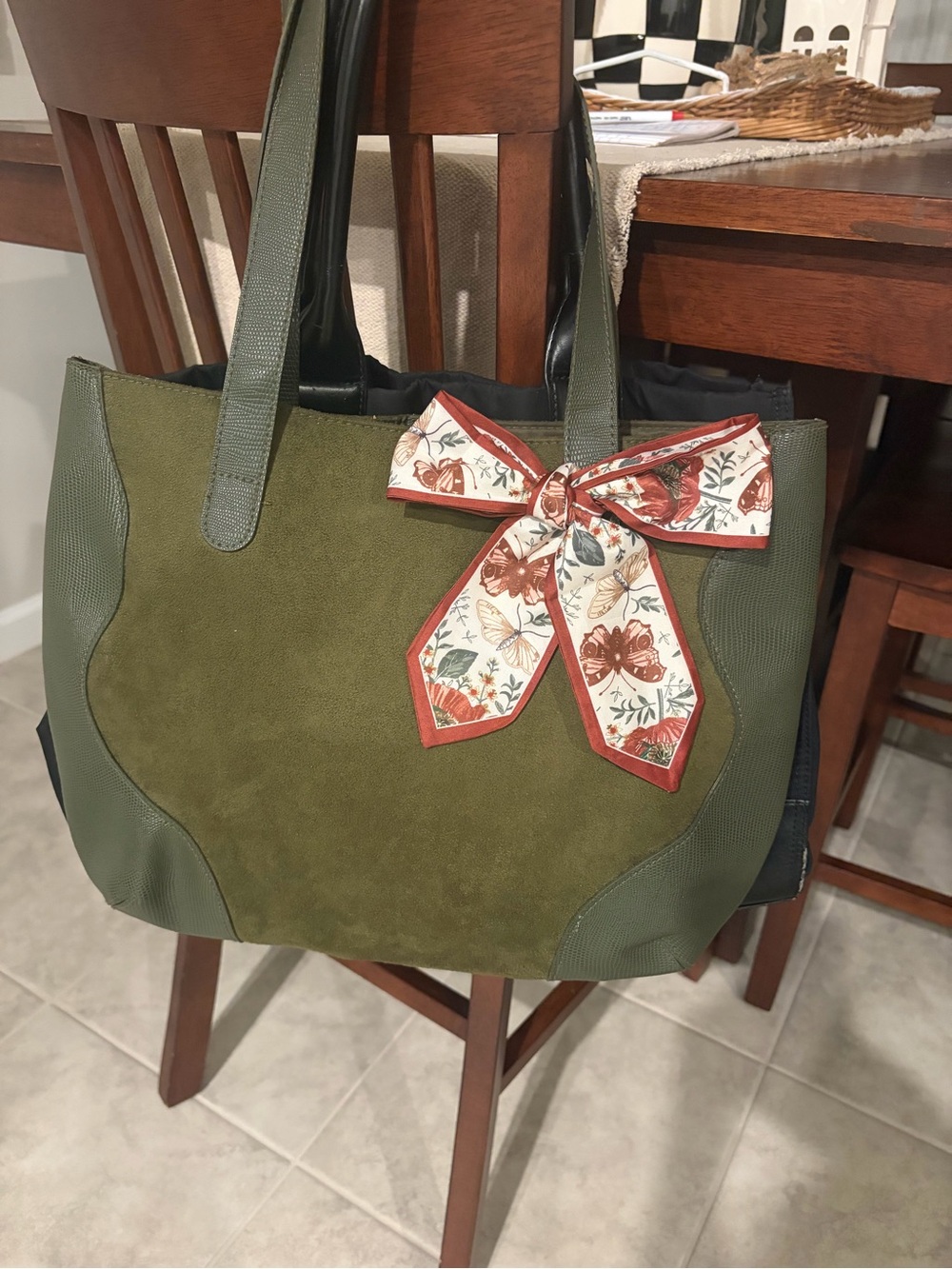 Olive Green Suede Tote with Floral Bow Accent
